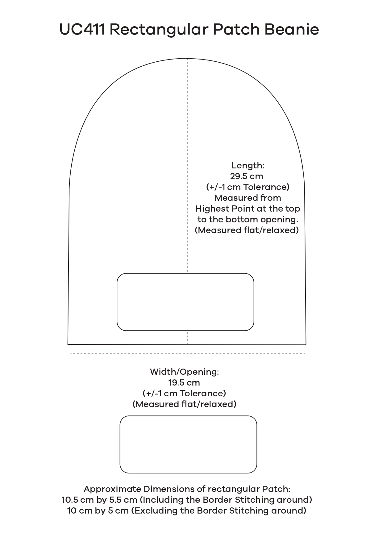 Uneek size guide for Uneek Rectangular Patch Beanie